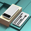 Digital Display Portable Power Bank on geometric background showcasing clear battery display and built-in cables.