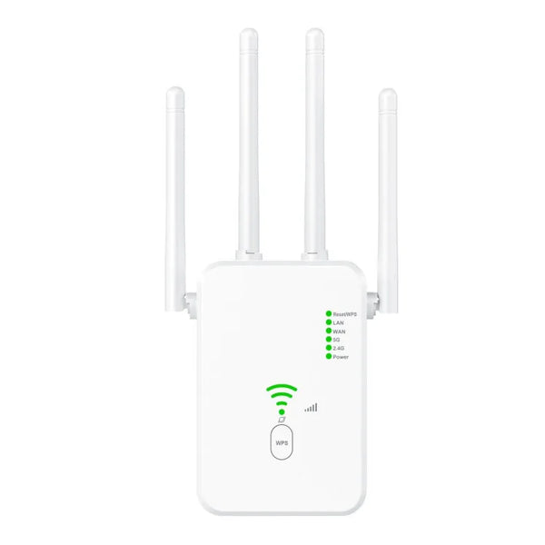 U10 1200Mbps Dual Band 5G WiFi Extender Router with three antennas and indicator lights.
