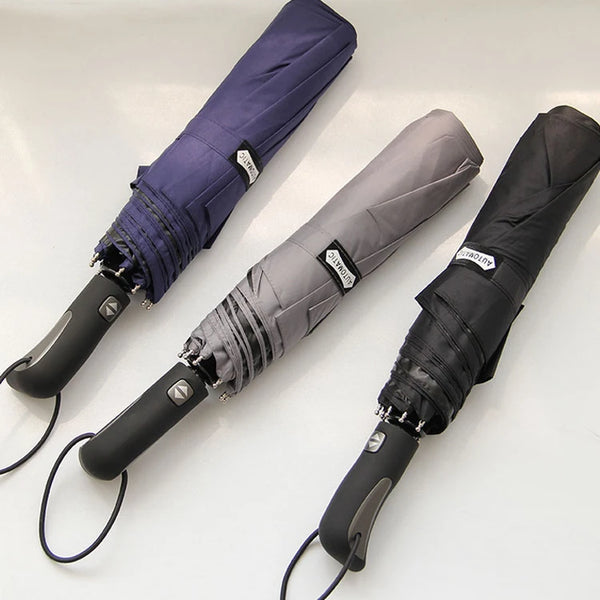 3-Fold Minimalist Automatic Umbrella in navy, gray, and black, showcasing compact design and automatic open-close feature.