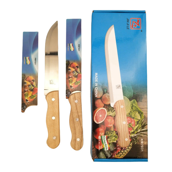 Stainless Steel Japanese Style Fruit Knife next to packaging, showcasing curved blades and wooden handles.