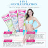 Natural Quick Permanent Hair Removal Cream options displayed with model promoting gentle epilation benefits and features.