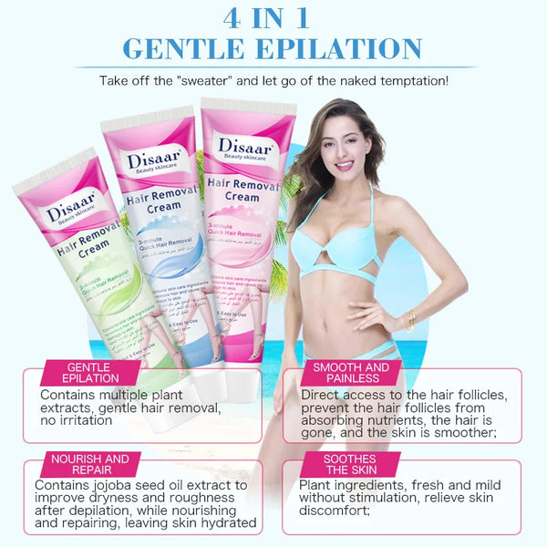 Natural Quick Permanent Hair Removal Cream options displayed with model promoting gentle epilation benefits and features.