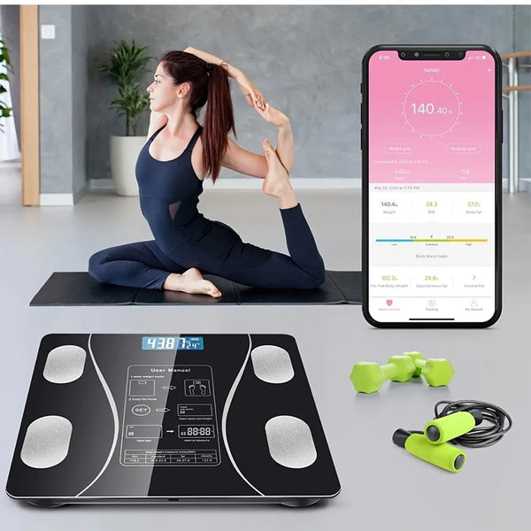 Bluetooth Digital Smart Bathroom Scale displayed alongside a fitness app and a woman doing yoga.