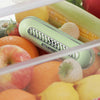 Fridge Deodorizer Refrigerator Air Freshener placed among fresh fruits and vegetables in a refrigerator.