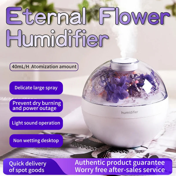 Mini Ultrasonic Cool Mist Humidifier with delicate floral design and mist feature for improved air quality.