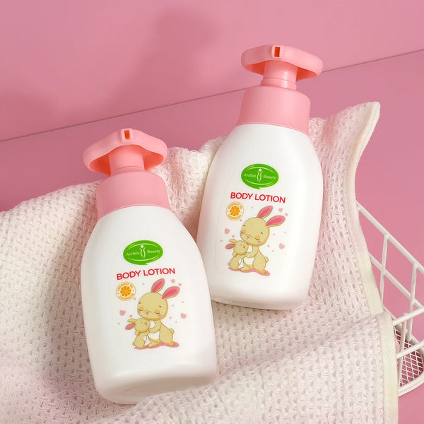 Natural Baby Moisturizing Body Lotion bottles with a cute bunny design, ideal for gentle skincare.