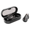 Q60 Open Ear Clip Bluetooth Earbuds displayed in charging case with one earbud outside.