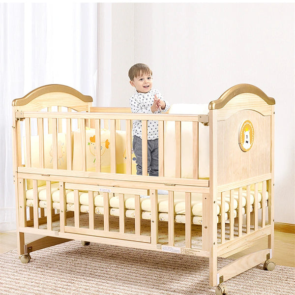 Multi-functional Wood Baby Crib Kids Cot with smiling toddler standing inside, providing safe sleeping space.