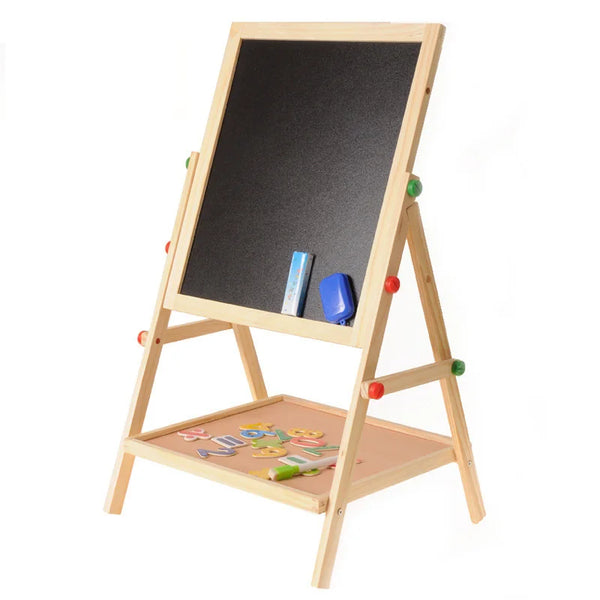 Wooden Double-Sided Drawing Blackboard & Whiteboard with chalkboard and colorful magnetic letters.