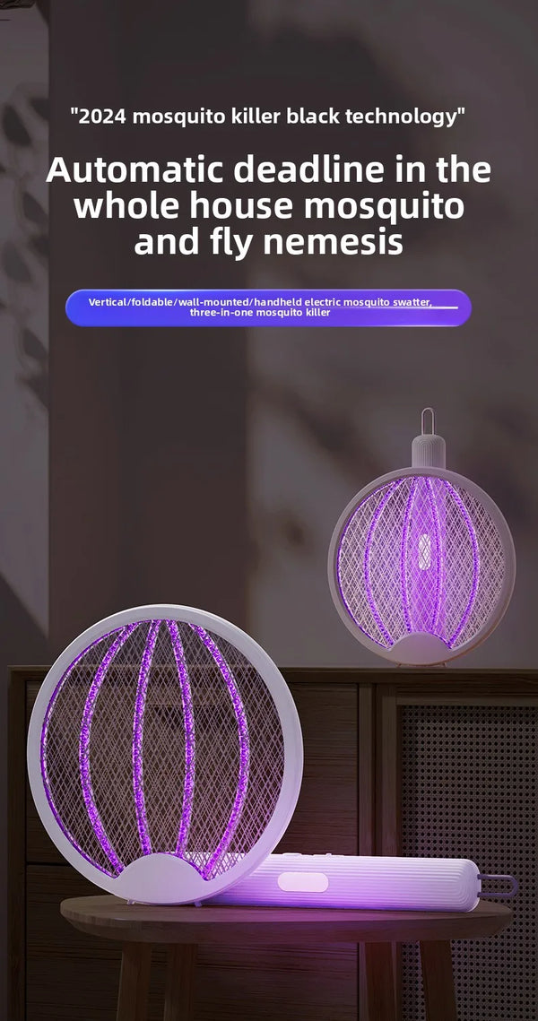 Rechargeable Electric Mosquito Swatter in use with purple light attracting insects for effective pest control.