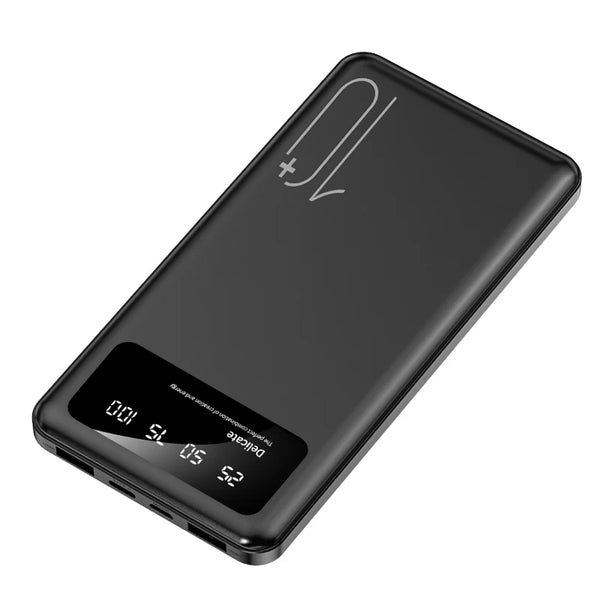 Super Slim Portable Mini Power Bank 10000mAh with digital display in a sleek black design.
