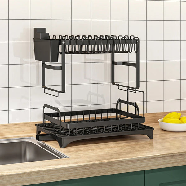 Double Layer Iron Dish Rack with Wine Glass Holder on kitchen countertop, featuring two layers for drying dishes.