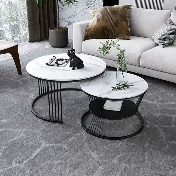 Modern Black Coffee Table with elegant marble tops and stylish metal base in a contemporary living room setting.