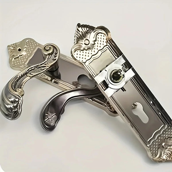 European Retro Style Door Lock set featuring ornate vintage designs in polished metal.