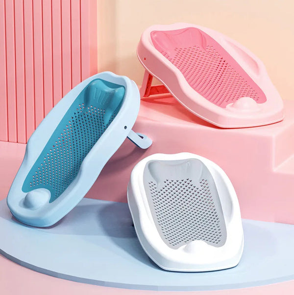 Newborn Baby Bath Mesh Net Seat in blue, pink, and white colors for safe and hands-free bathing.