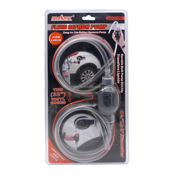 Automotive Manual Fluid Siphon Pump featuring a rubber squeeze design for easy liquid transfer and two vinyl hoses.