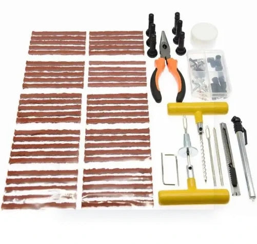 93 Piece Tire Repair Tool Set including tire repair strips, pliers, and various essential tools for effective tire repair.