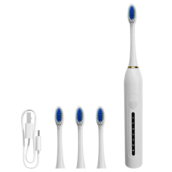 Electric Sonic Toothbrush for Adults with 4 Brush Heads and charging cable.