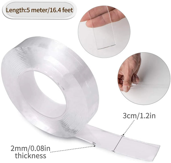 Double-Sided Nano Gel Grip Tape roll showcasing 5 meters length and 2mm thickness for versatile, residue-free adhesion.