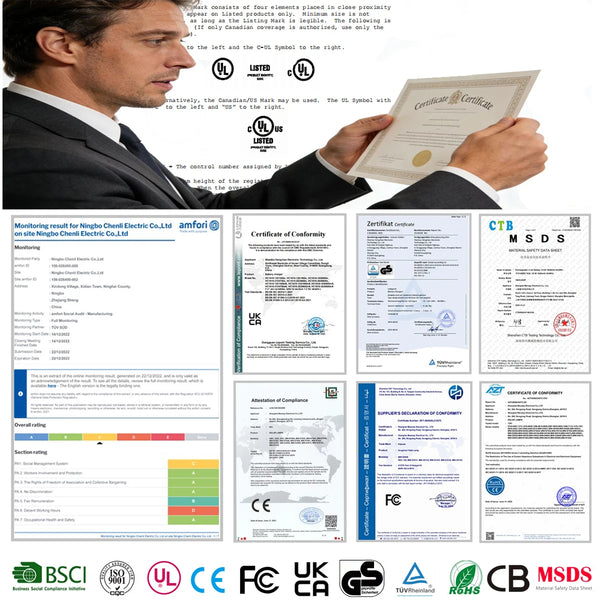 Portable Solar Clip Lights Motion Sensor certification documents with a man in a suit holding a certificate.