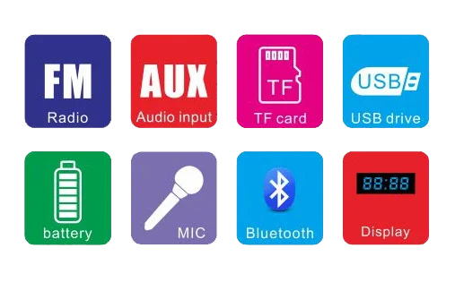 Icons representing features of Portable Bluetooth Outdoor Speaker with LED Display including FM, AUX, USB, Bluetooth, and battery.
