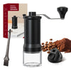 Manual Ceramic Coffee Grinder with coffee beans, ground coffee, and cleaning brush, perfect for fresh coffee anywhere.