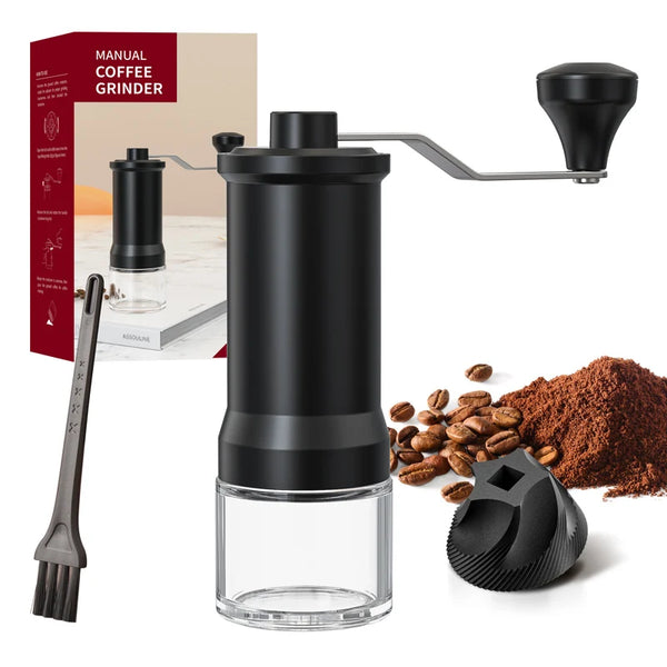 Manual Ceramic Coffee Grinder with coffee beans, ground coffee, and cleaning brush, perfect for fresh coffee anywhere.