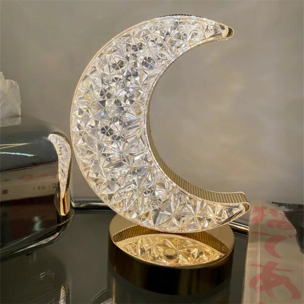 Luxury Crystal Star and Moon Rechargeable LED Table Lamp showcasing a decorative moon design with a warm glow.