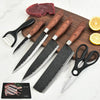 6 Piece Kitchen Cooking Knives Set with wooden handles, kitchen scissors, and a peeler on a cutting board.