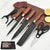 6 Piece Kitchen Cooking Knives Set with wooden handles, kitchen scissors, and a peeler on a cutting board.