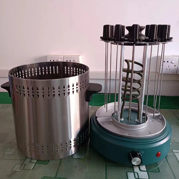 Electric Outdoor Rotisserie BBQ Grill components showing roasting chamber and heat element for outdoor cooking.