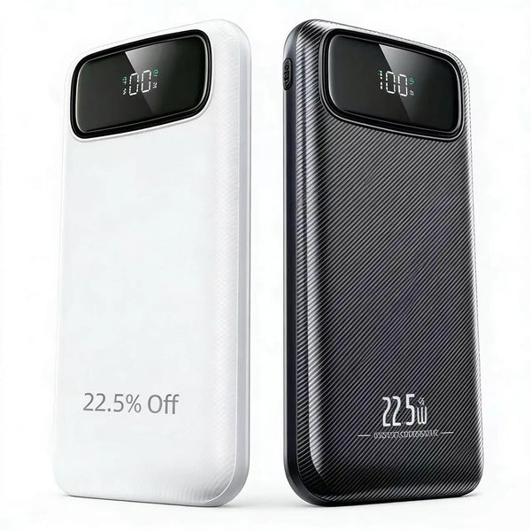 10000mAh 22.5W Fast Charge Power Bank in white and black with digital display showing battery level.