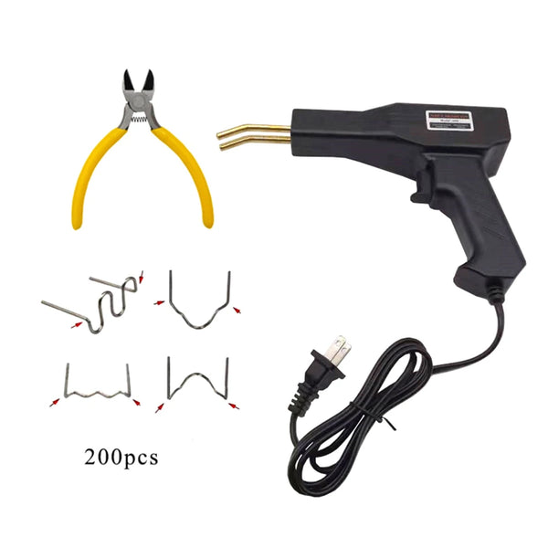50W Plastic Welding Repair Stapler Kit including welding gun, pliers, and 200 stainless steel staples.