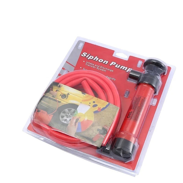 Manual Siphon Pump and Fluid Transfer System displayed in packaging with red hose and pump.