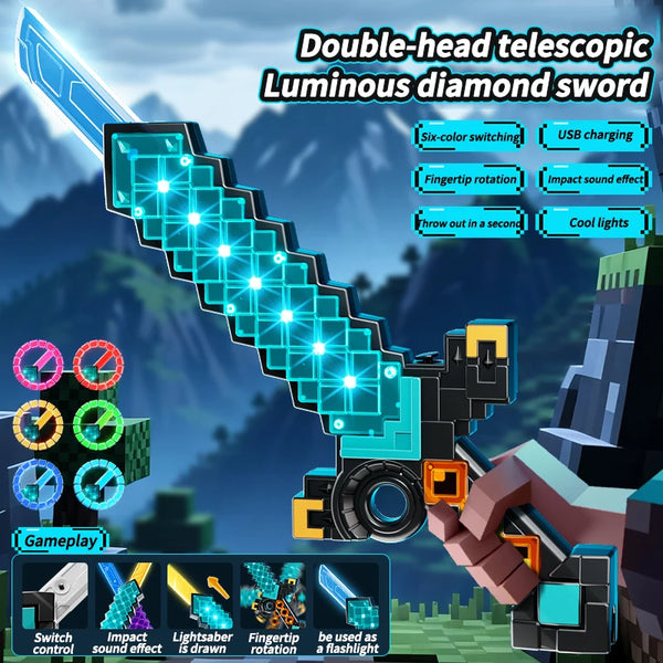 LED Pixel Light-Up Sword Toy with Sound Effects showcasing bright lights and features like USB charging and sound effects.