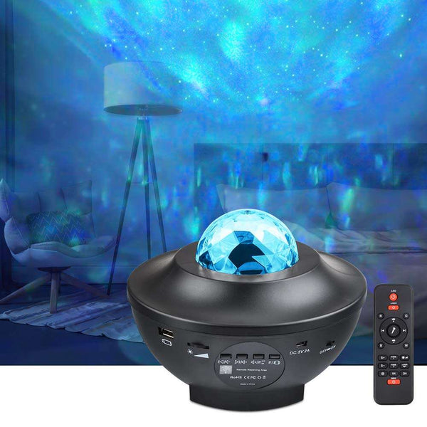 Star Night Light Projector with Bluetooth Speaker illuminating a starry sky in a cozy room.
