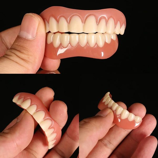 Upper and Lower False Teeth Veneer Covers showcased in hand, highlighting aesthetic dental accessory for a confident smile.