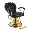 Heavy Duty Barber Chair in black leather with gold accents, designed for comfort and durability in salons.
