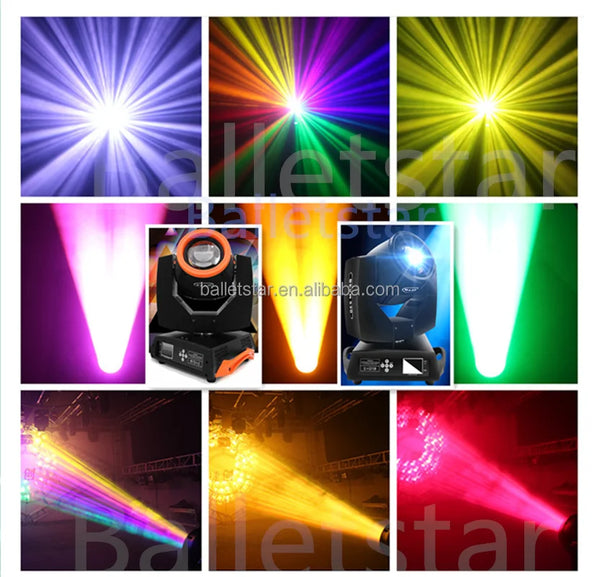 230W 7R Beam Moving Head Stage Light showcasing vibrant beam effects in various colors and lighting patterns.