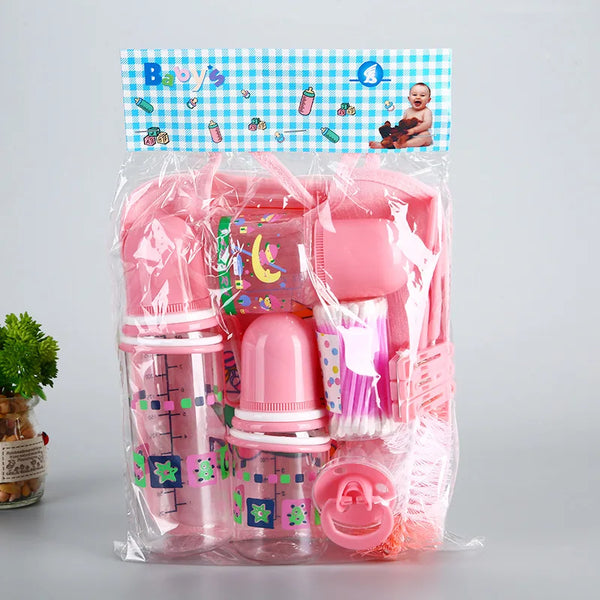 Baby Feeding Bottle Set featuring pink bottles and accessories in a clear packaging.