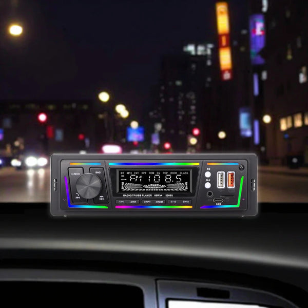 7-Color LED Single DIN Car MP3 Player with Bluetooth installed in a car dashboard at night.