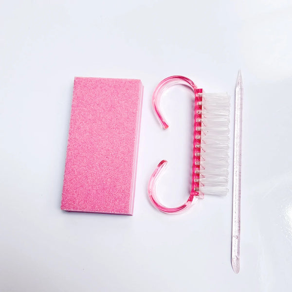 Portable Manicure 6-piece Set tools including a pink buffer, hook brush, and glass nail file.