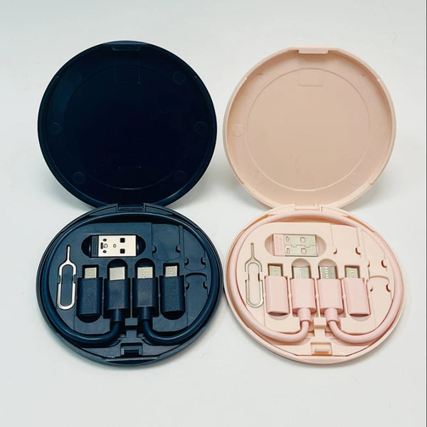 6-in-1 Travel USB Charging Cable Kit in a compact case, featuring multiple connectors in black and pink.