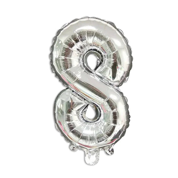 16-Inch Number Aluminum Film Balloon in shiny silver color featuring the number 8, perfect for celebrations.