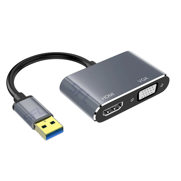 USB 3.0 to HDMI VGA Dual Output Adapter for connecting dual displays and audio from a single USB port.