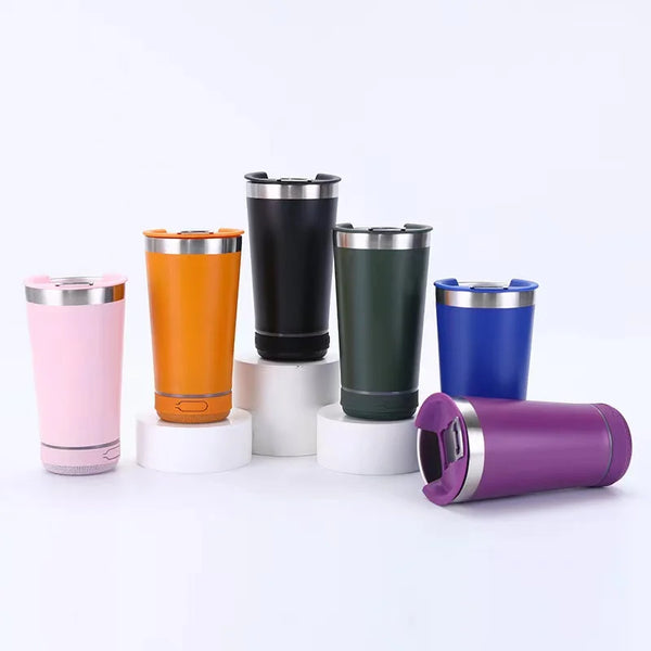Colorful collection of 17oz Can Cooler Bluetooth Speaker Tumblers arranged on a white background.