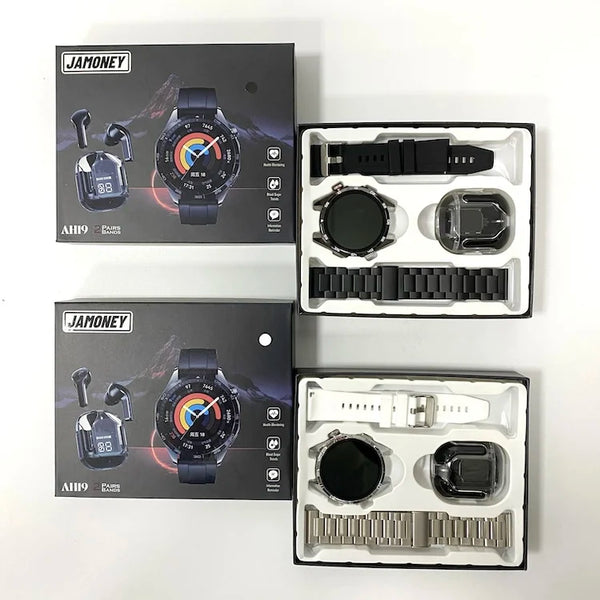 AH19 Smart Connected Watch with Wireless Earphones packaging and accessories displayed in two box sets.