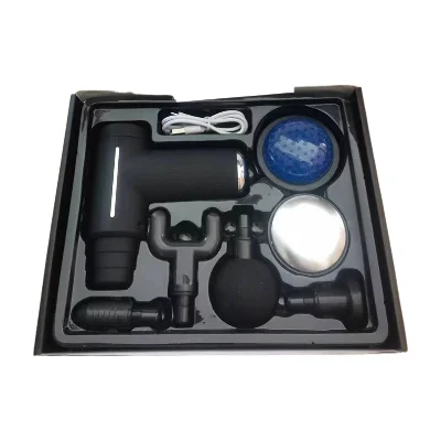 Professional Deep Tissue Muscle Massage Gun and accessory attachments in black box.