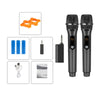 2.4G Dynamic Performance Wireless Microphone kit featuring two microphones, batteries, USB cable, receiver, and user manual.