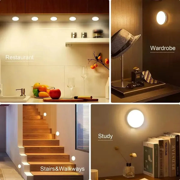 Rechargeable Motion Sensor LED Night Light in various home settings including restaurant, wardrobe, stairs, and study.